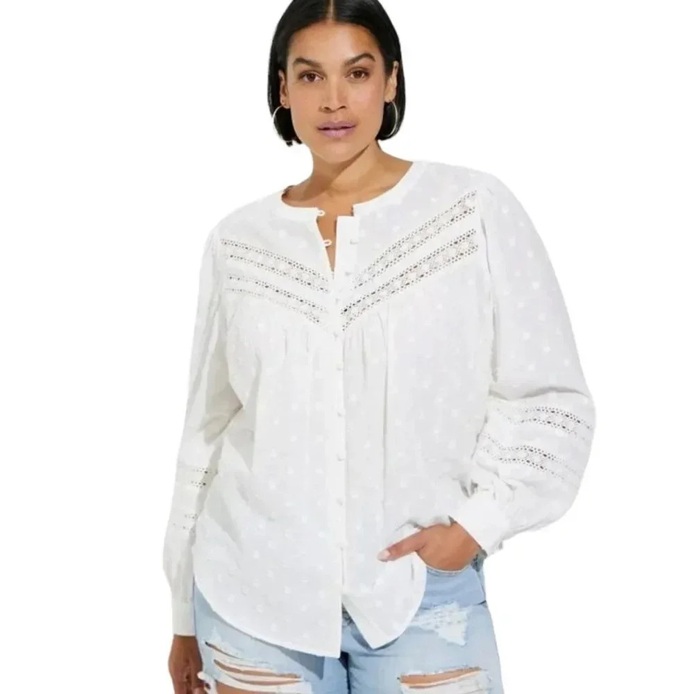 Torrid Cotton Clip Dot Lace Trim Long Sleeve Top Size 1 NWT‎